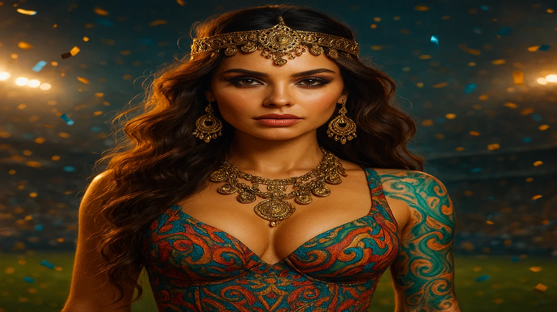 একজন সুন্দর নারী, জটিল নকশার ট্যাটু ও অলংকারসহ, JE777-র কেন্দ্রে একটি ডাইনামিক ফুটবল স্টেডিয়ামের মাঝখানে অবস্থান করছেন, যা খেলার উত্তেজনা, গ্ল্যামার ও জয়ী শক্তির মেলবন্ধনকে ধারণ করে।