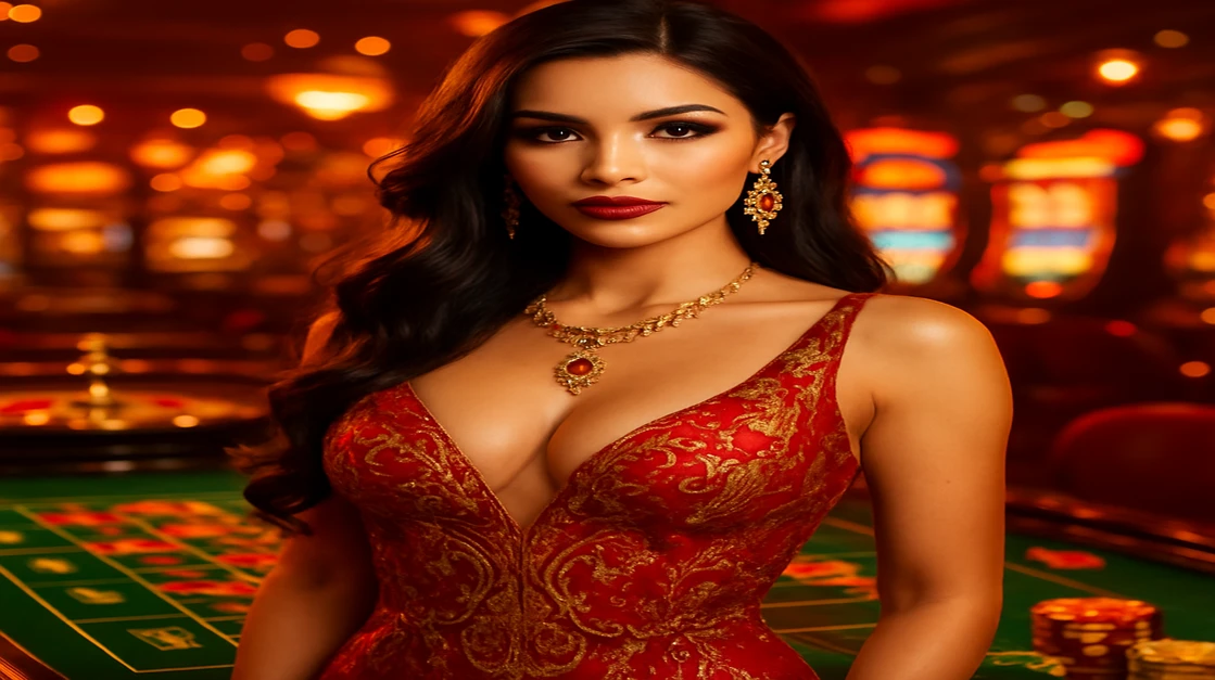 একটি সুন্দর নারী লাল ও সোনালি ঐতিহ্যবাহী পোশাকে হাসছেন, বিলাসবহুল গেমিং প্ল্যাটফর্মে; টেবিল-গেম ও আরকেড ইন্টারফেস দৃশ্যমান, JE777-এ বাংলাদেশের-থিমযুক্ত সমৃদ্ধ গেমগুলোর প্রতিনিধিত্ব করে।