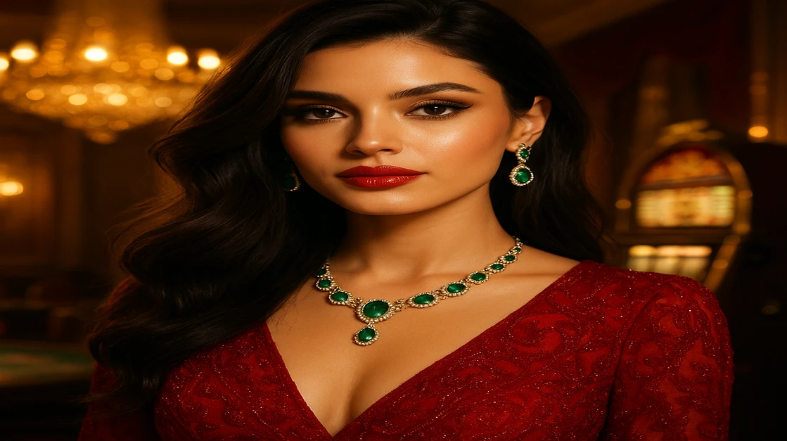 দীর্ঘ ঢেউময় চুল ও ঝলমলে টপ পরা একটি সুন্দর নারী উষ্ণ আলোয় আলোকিত বিলাসবহুল গেমিং প্ল্যাটফর্মে নরম হাসিতে মুখ উঁচু করে হাসছেন; পটভূমিতে JE777-র বহু উত্তেজনাপূর্ণ আরকেড গেমের সারিগুলো স্পষ্টভাবে দেখা যায়।