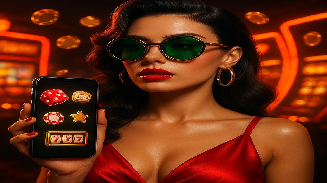 কার্লি-চুলা স্টাইলিশ সানগ্লাস পরা একটি চটপটে মহিলা, স্মার্টফোনটি সামনে তুলে একটি পোকার অ্যাপে জয়ী হাত দেখাচ্ছেন; JE777-এ গেম খেলুন ও জয় করুন।