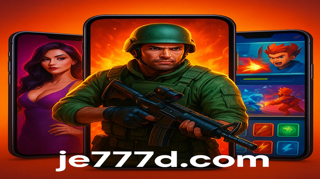 JE777 অ্যাপে থাকা অ্যাডভেঞ্চার-ভিত্তিক বিনোদন গেমগুলোর উচ্চমানের গ্রাফিক্স ও অ্যাকশন-ভিত্তিক থিমগুলো প্রদর্শন করে, پিস্তলধারী এক শক্তিশালী নারী যোদ্ধার তিনটি দৃশ্যের ট্রিপটিক।