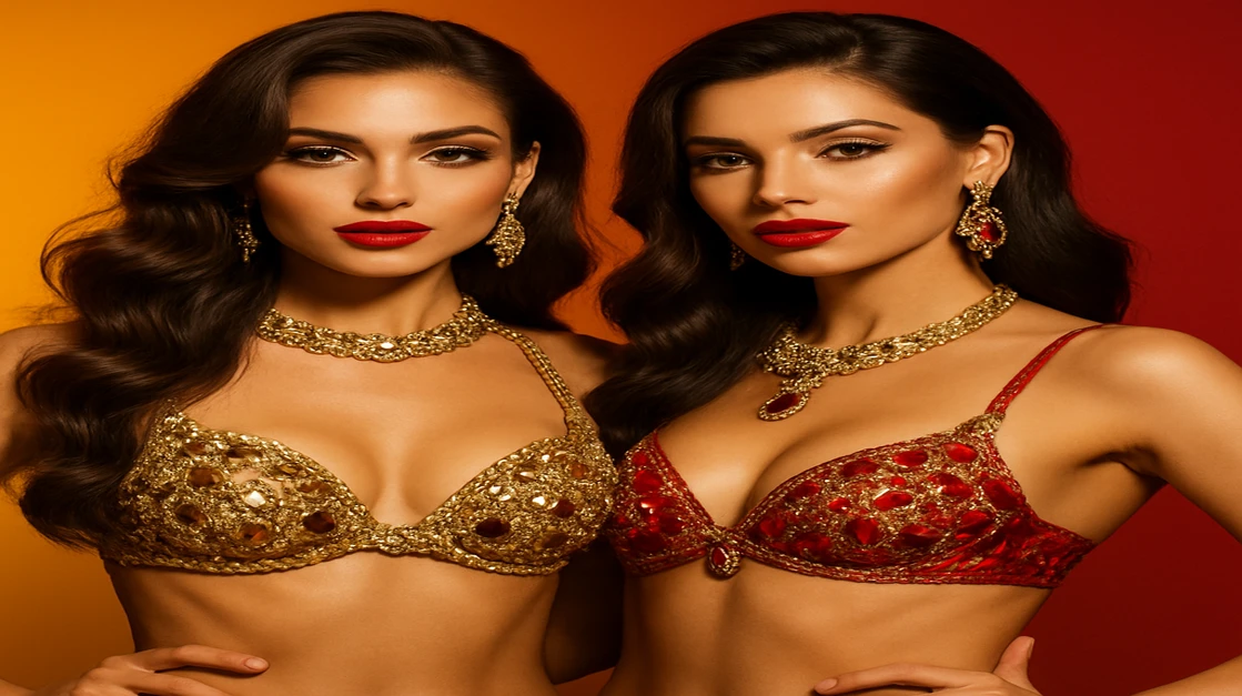 দুইজন সুন্দর নারী লাল ও সোনালি পোশাকে একটি প্রাণবন্ত পটভূমির সামনে নান্দনিক ভঙ্গিতে দাঁড়িয়ে, JE777-র উচ্চ-গ্লামার গেমিং প্ল্যাটফর্ম অভিজ্ঞতার গ্ল্যামার ও উত্তেজনাকে প্রতিনিধিত্ব করছেন।